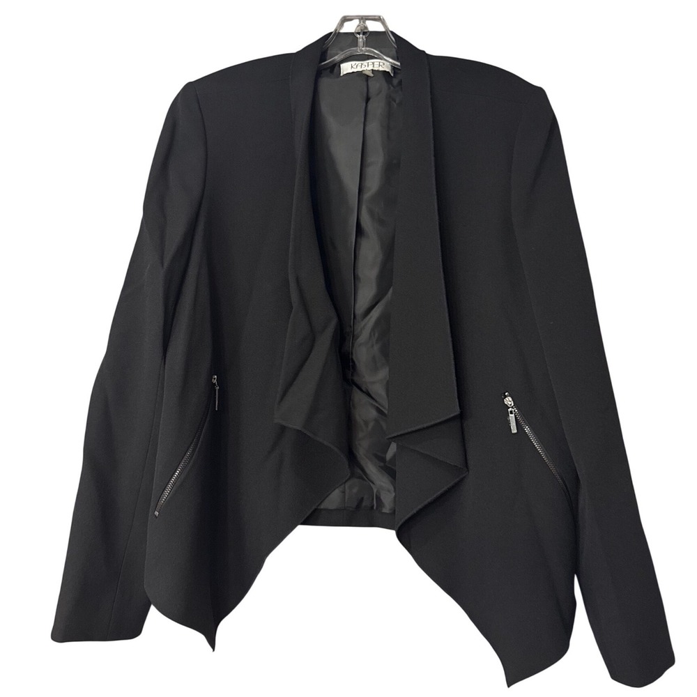 Kasper Womens Black Open Front Waterfall Blazer Jacket Zip Pockets 10